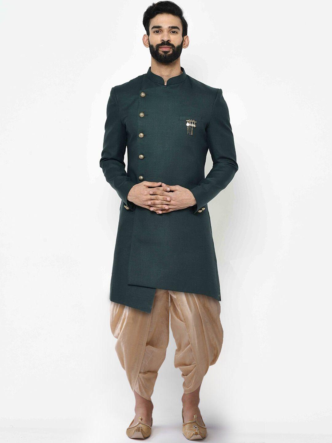 kisah men olive-green & beige solid cotton sherwani set