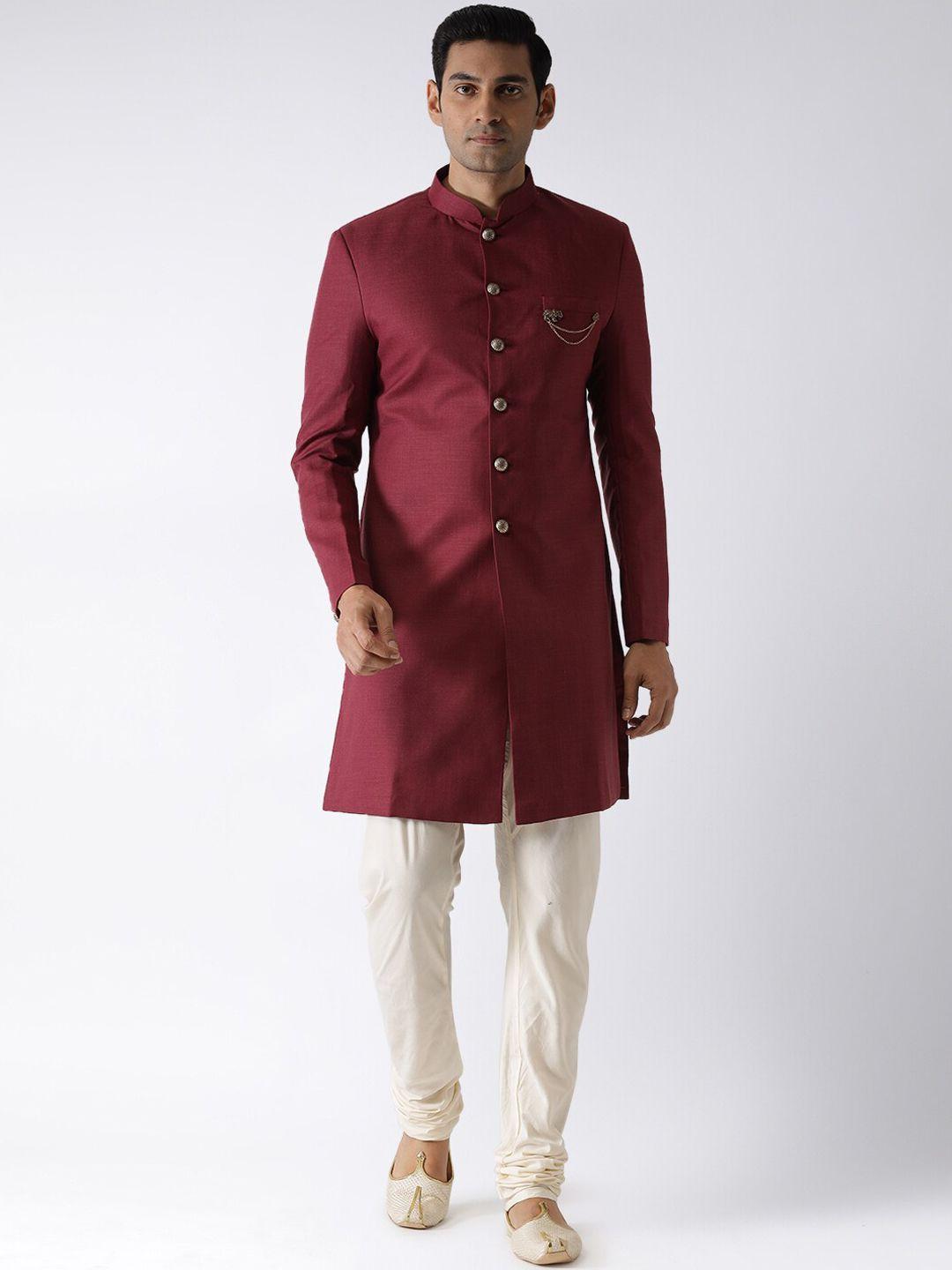 kisah men maroon solid cotton sherwani set