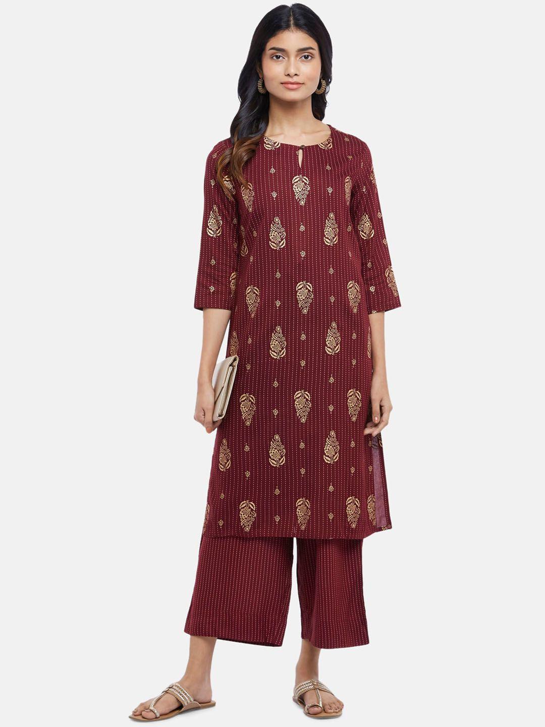 rangmanch by pantaloons women maroon ethnic motifs printed kurta with trousers