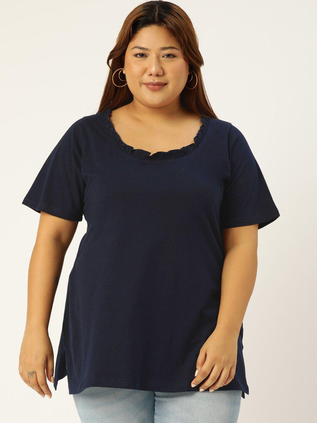 therebelinme women plus size navy blue pure cotton t-shirt