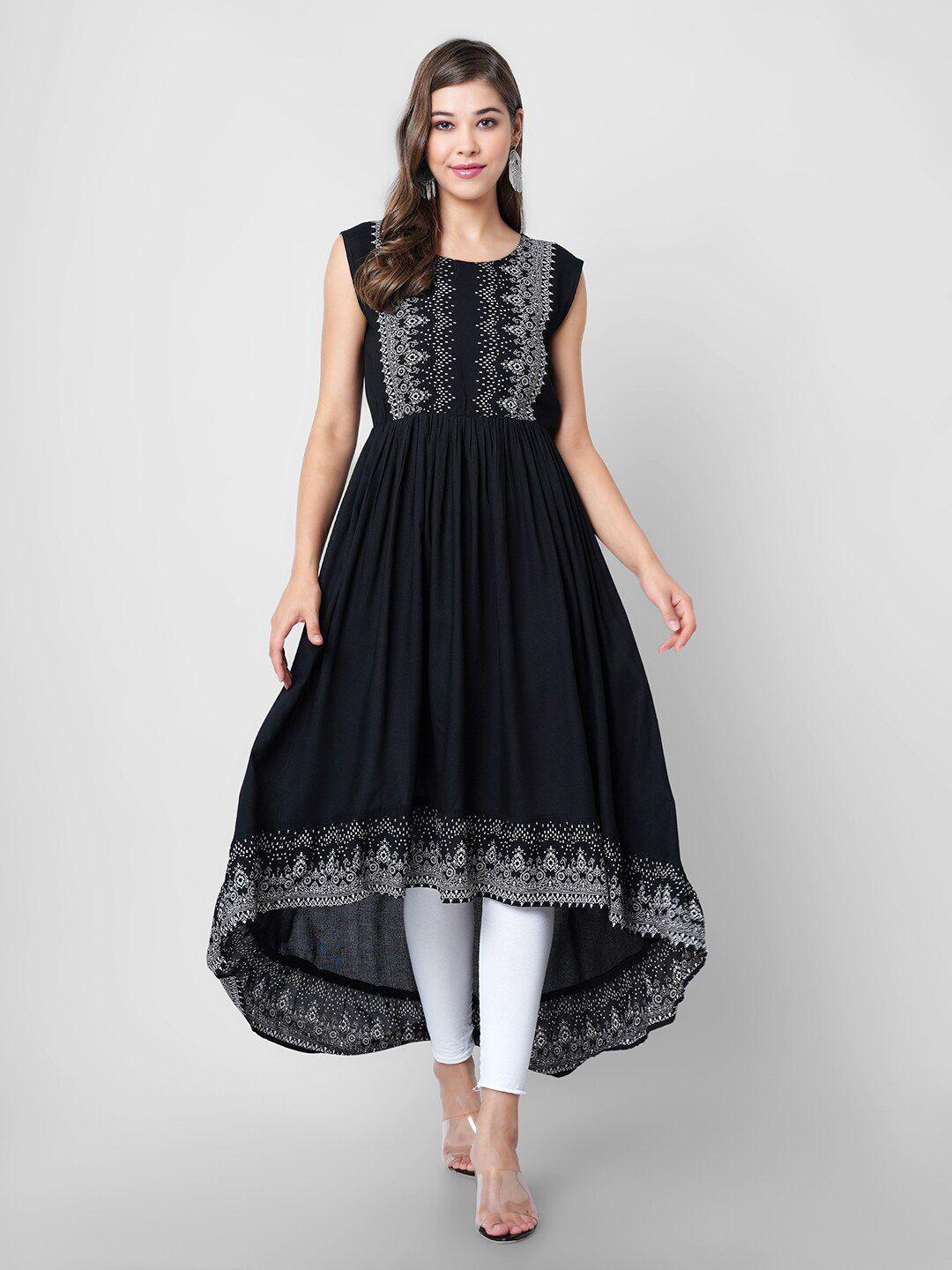 purshottam wala women black & white floral printed anarkali kurta