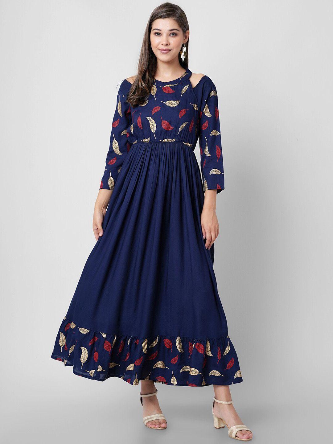 purshottam wala women navy blue & red printed cold-shoulder sleeves floral liva anarkali kurta