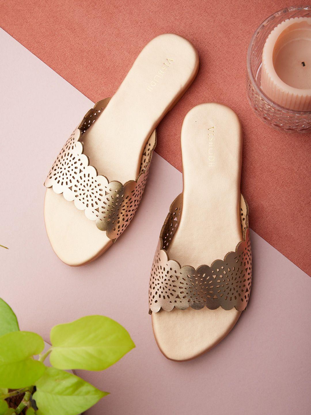 vishudh women rose gold textured ethnic open toe flats