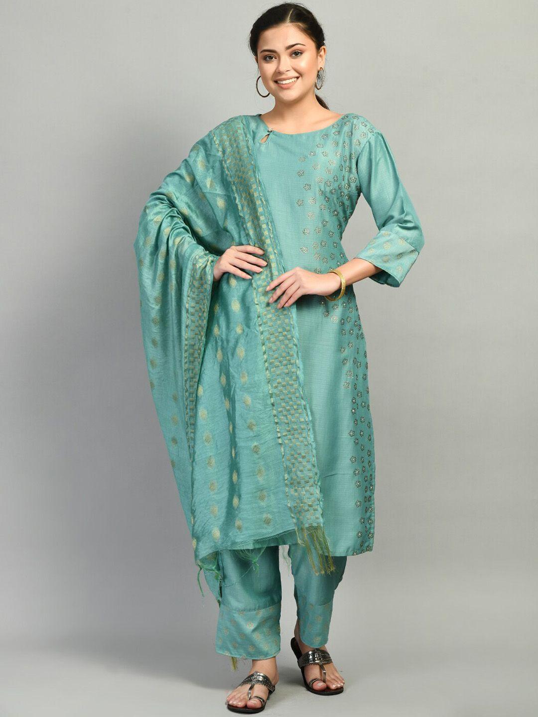 desinoor com women green floral embroidered beads and stones kurta with trousers & with dupatta