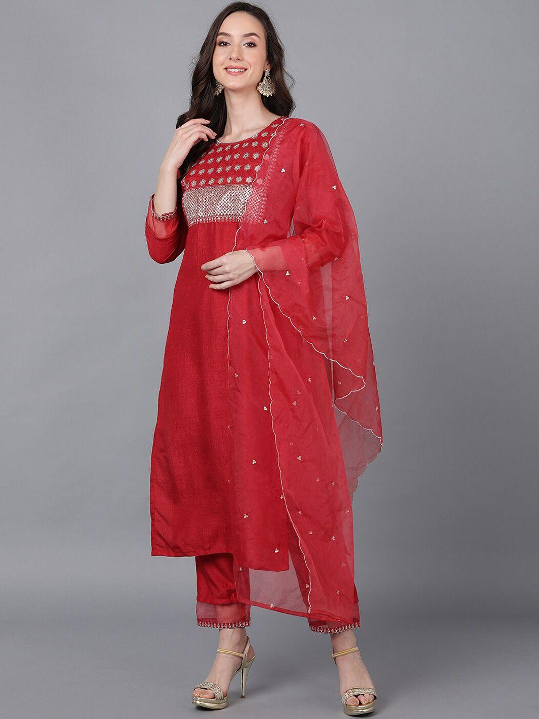 ahika women red floral yoke design sequinned kurta with trousers & with dupatta