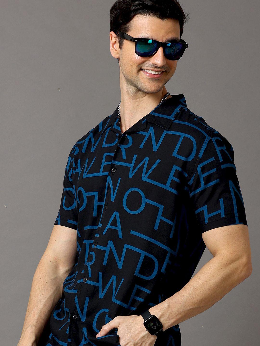 here&now men black slim fit printed casual shirt