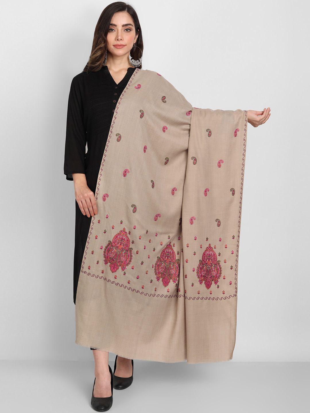 zamour women beige embroidered pure wool shawl