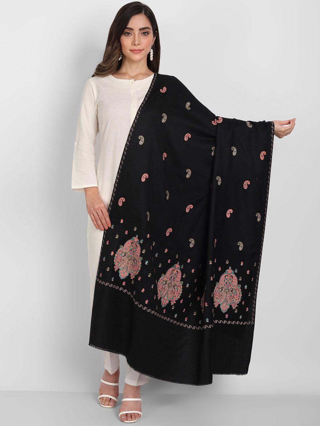 zamour women black & orange embroidered wool shawl