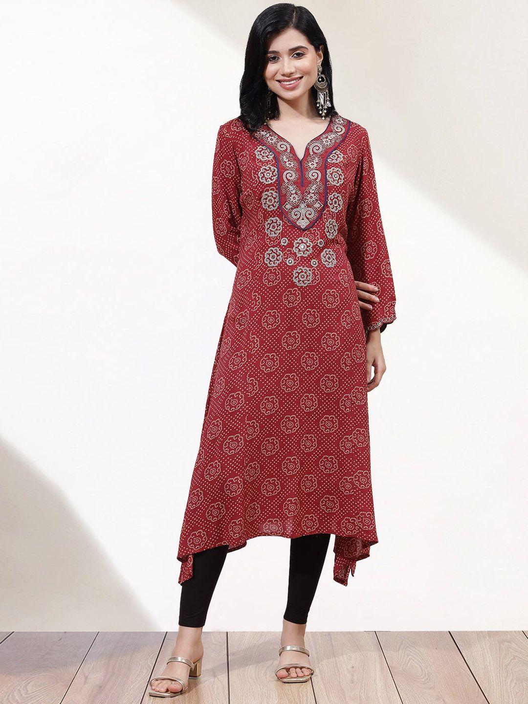 lakshita women maroon & off white ethnic motifs printed flared sleeves mirror work kurta