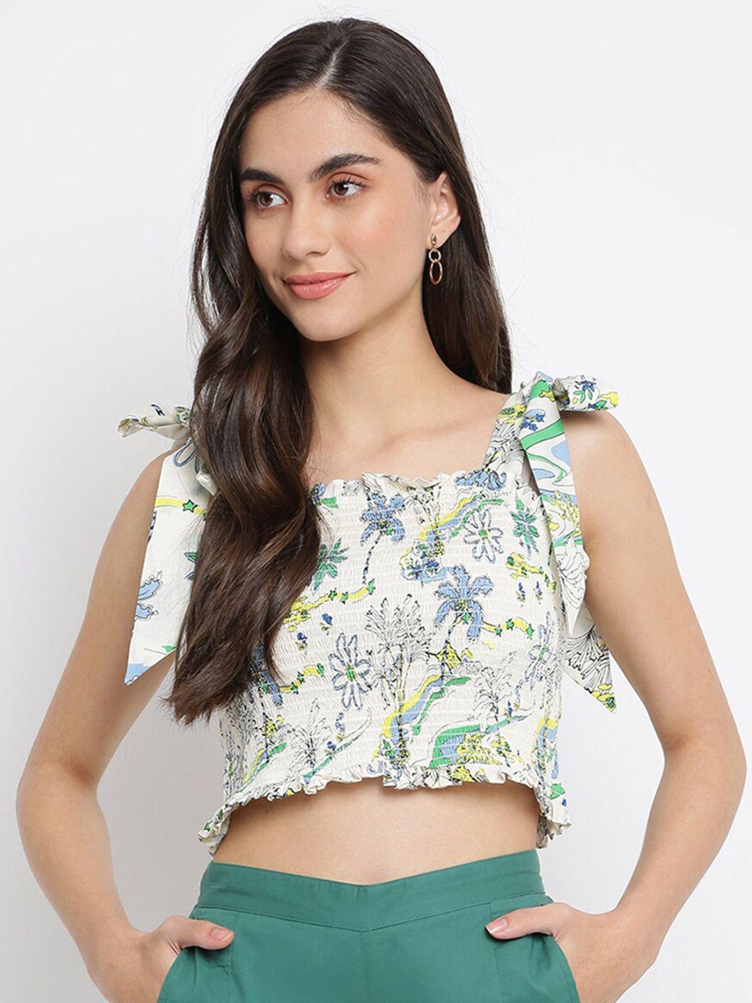 fabindia women off white & blue floral print crop top