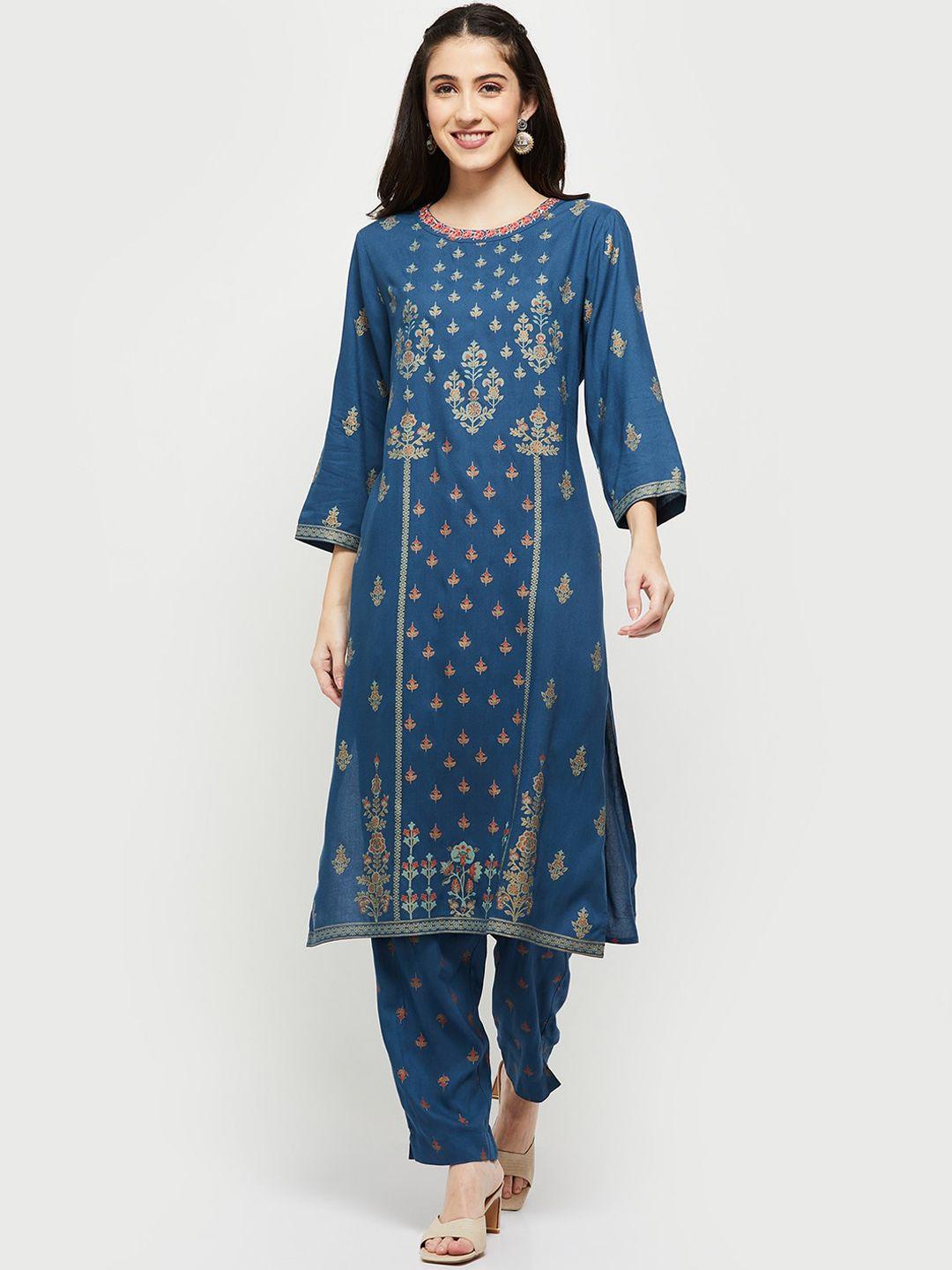 max women blue ethnic motifs printed kurta with trousers