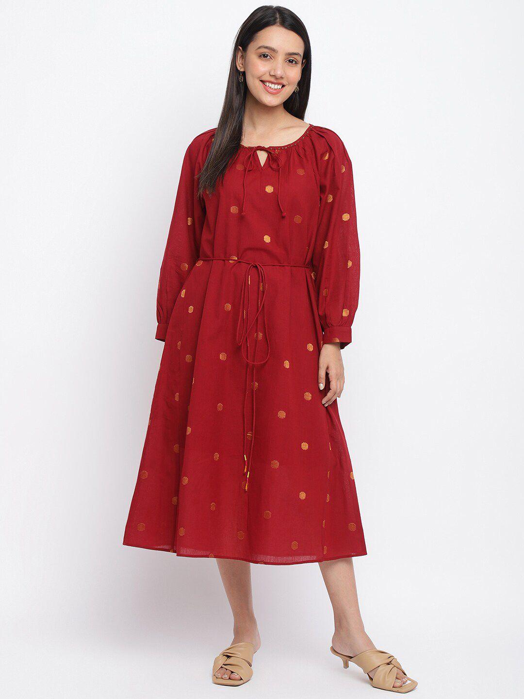 fabindia maroon & gold-toned cotton a-line midi dress