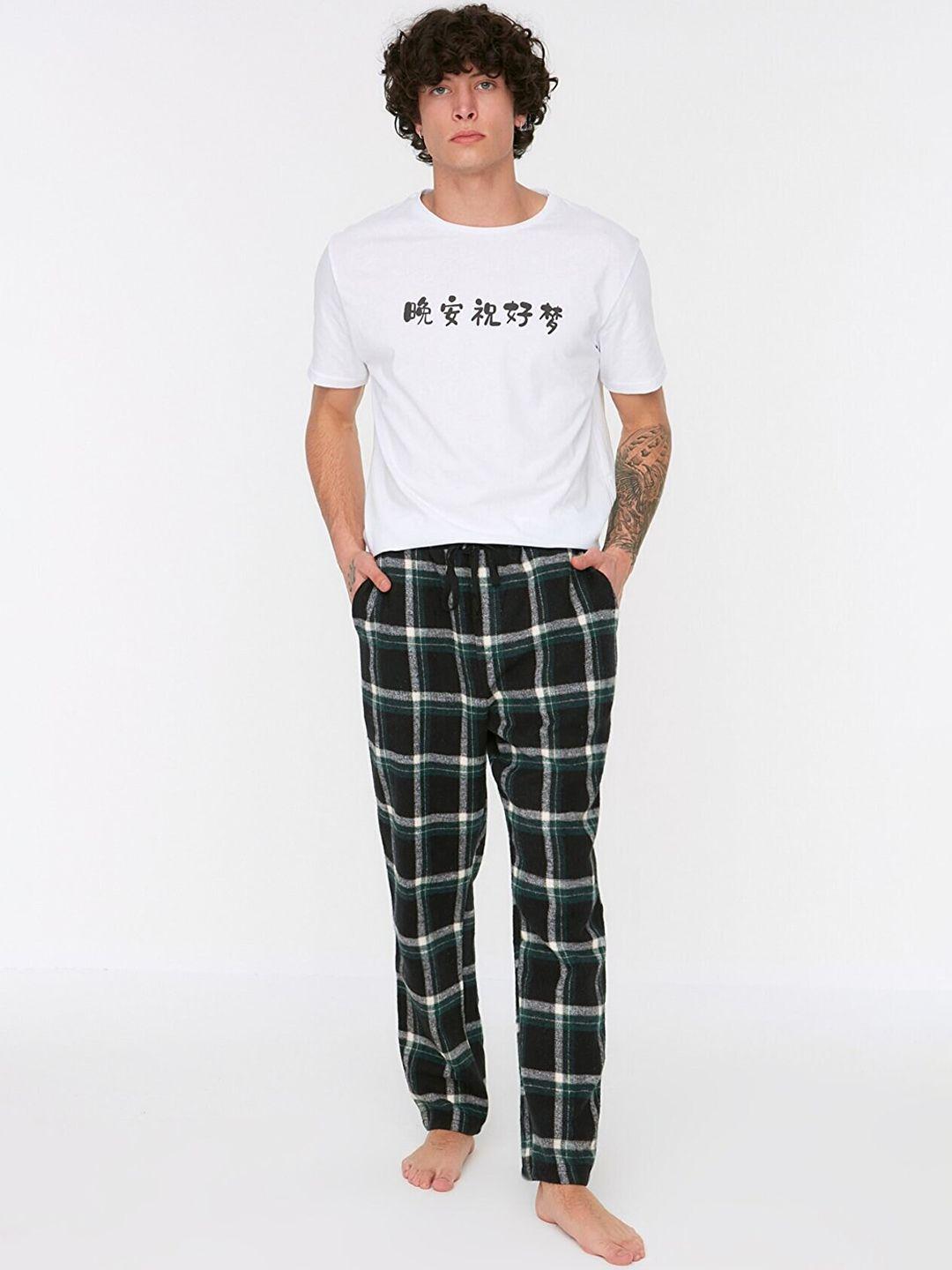 trendyol men white & black checked pure cotton night suit