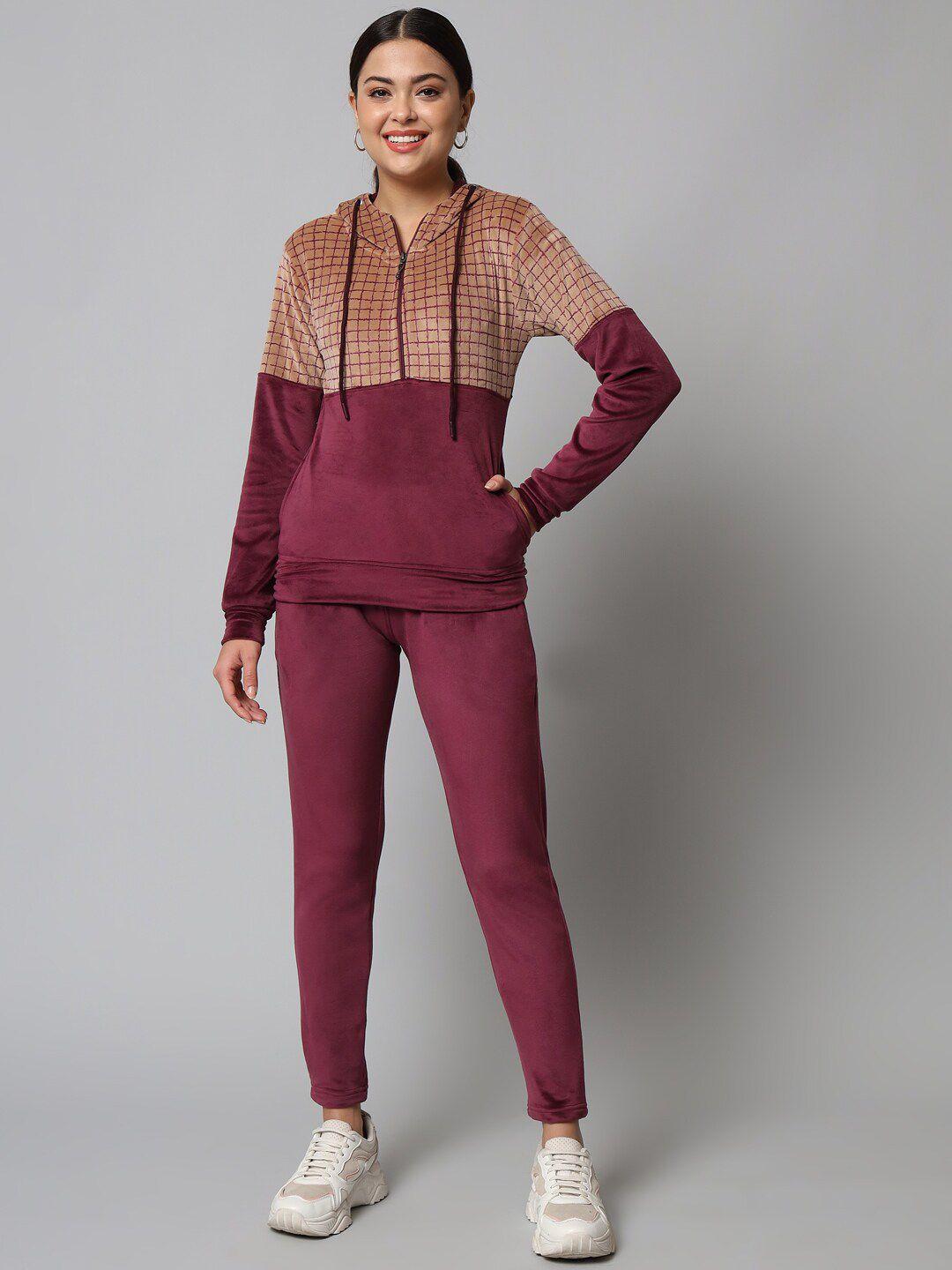 broowl women maroon colourblocked co-ords