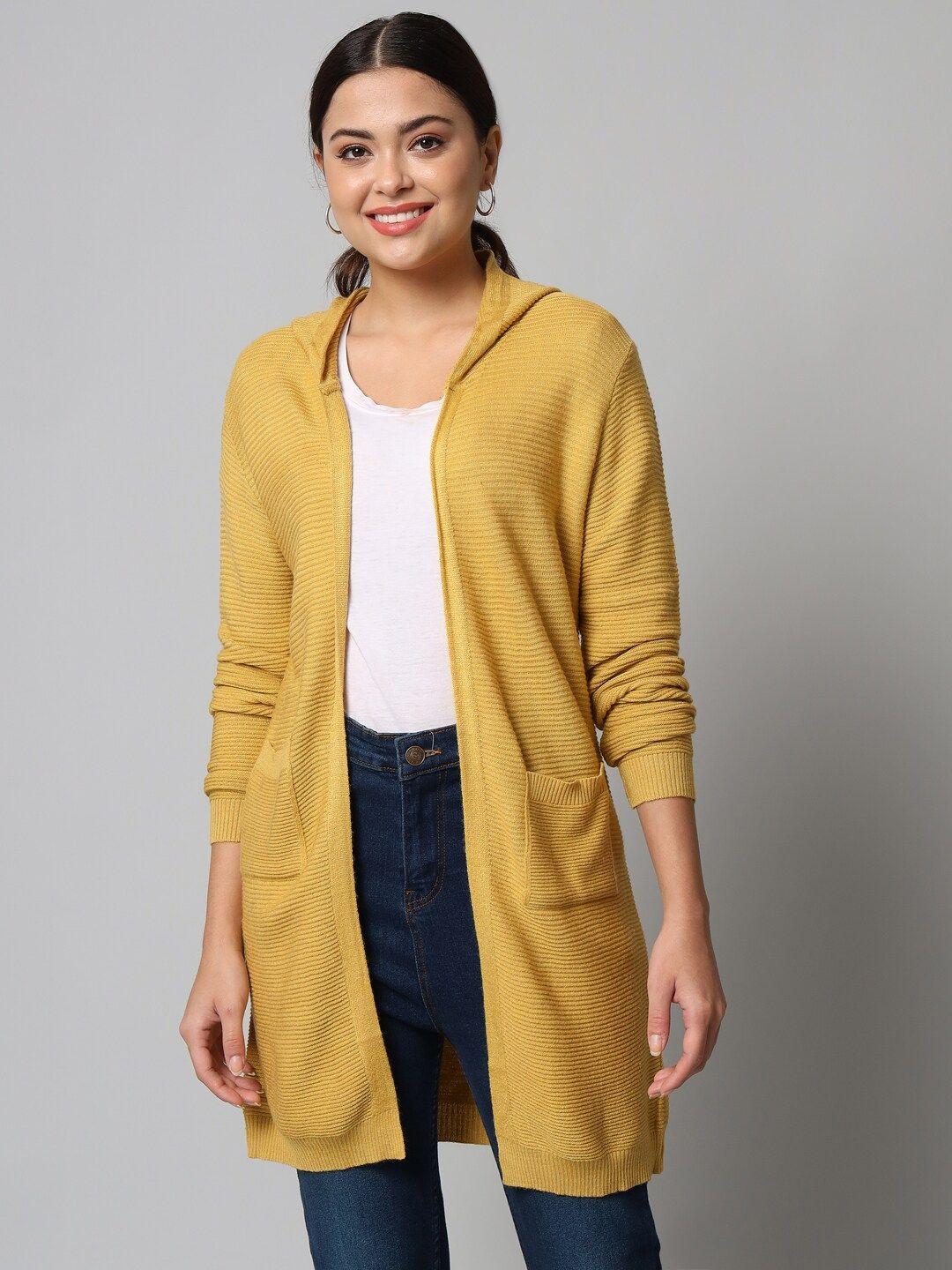 broowl women mustard striped longline hooded shrug