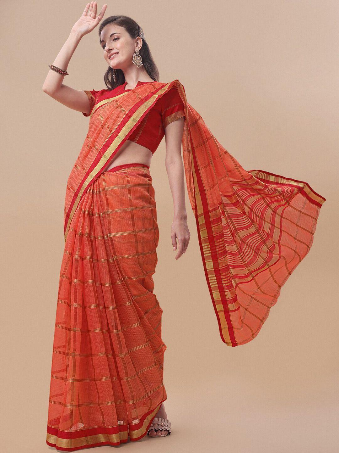 sidhidata peach-coloured & red checked zari kota saree