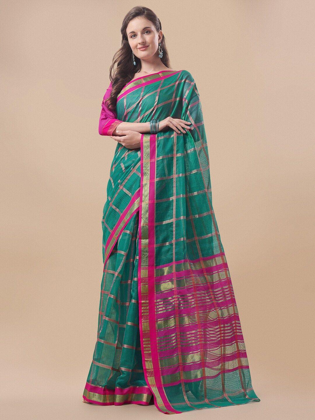 sidhidata teal & pink checked zari kota saree