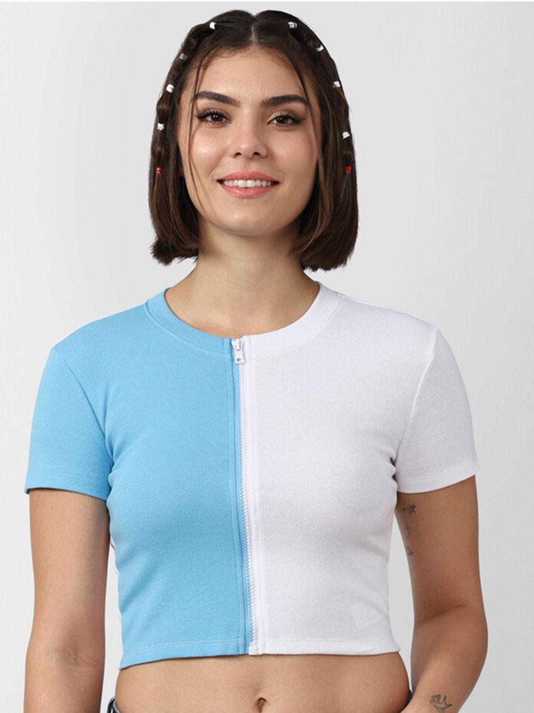 forever 21 women white & blue colourblocked crop top