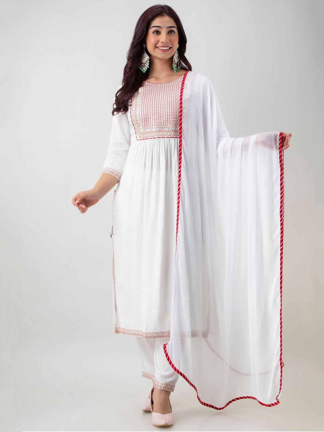 charu women white ethnic motifs yoke design pleated sequinned kurta with trousers & with dupatta