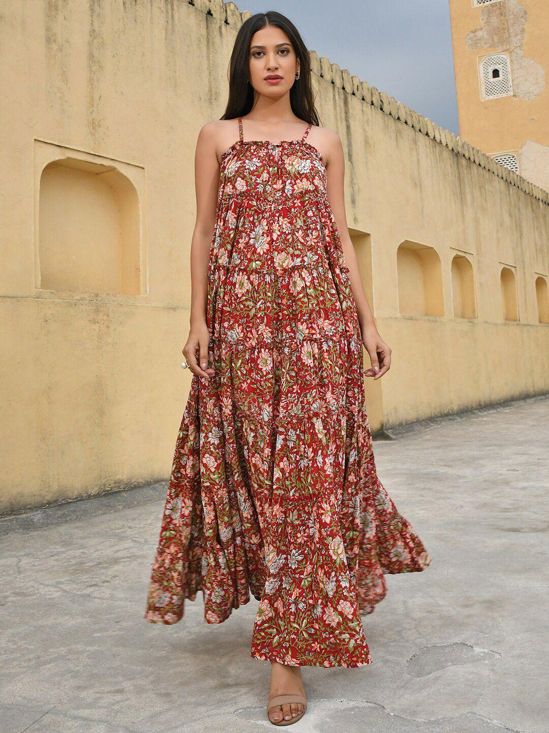 janasya red & white floral print maxi dress