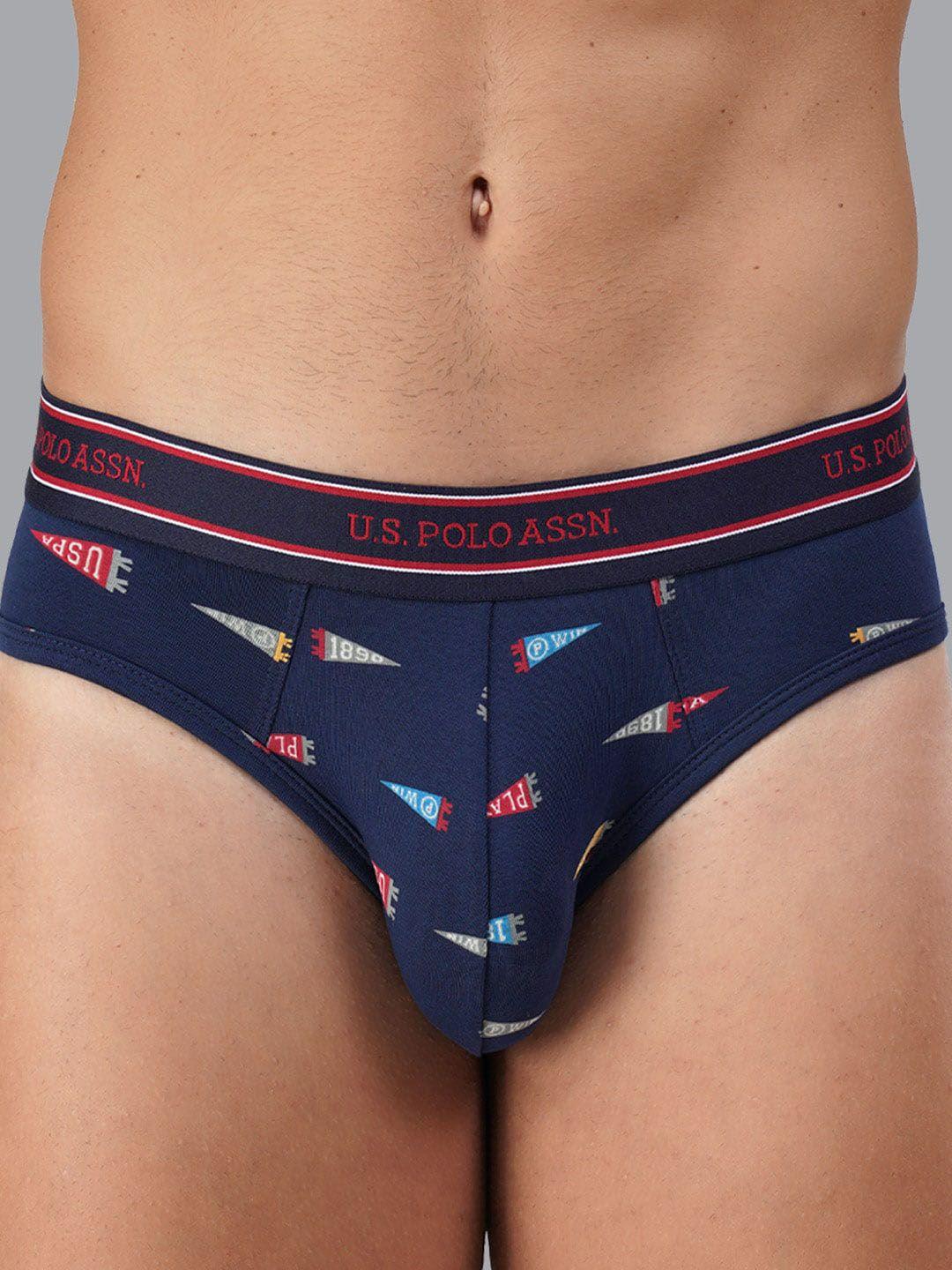 u.s. polo assn. men navy blue printed cotton mid rise briefs