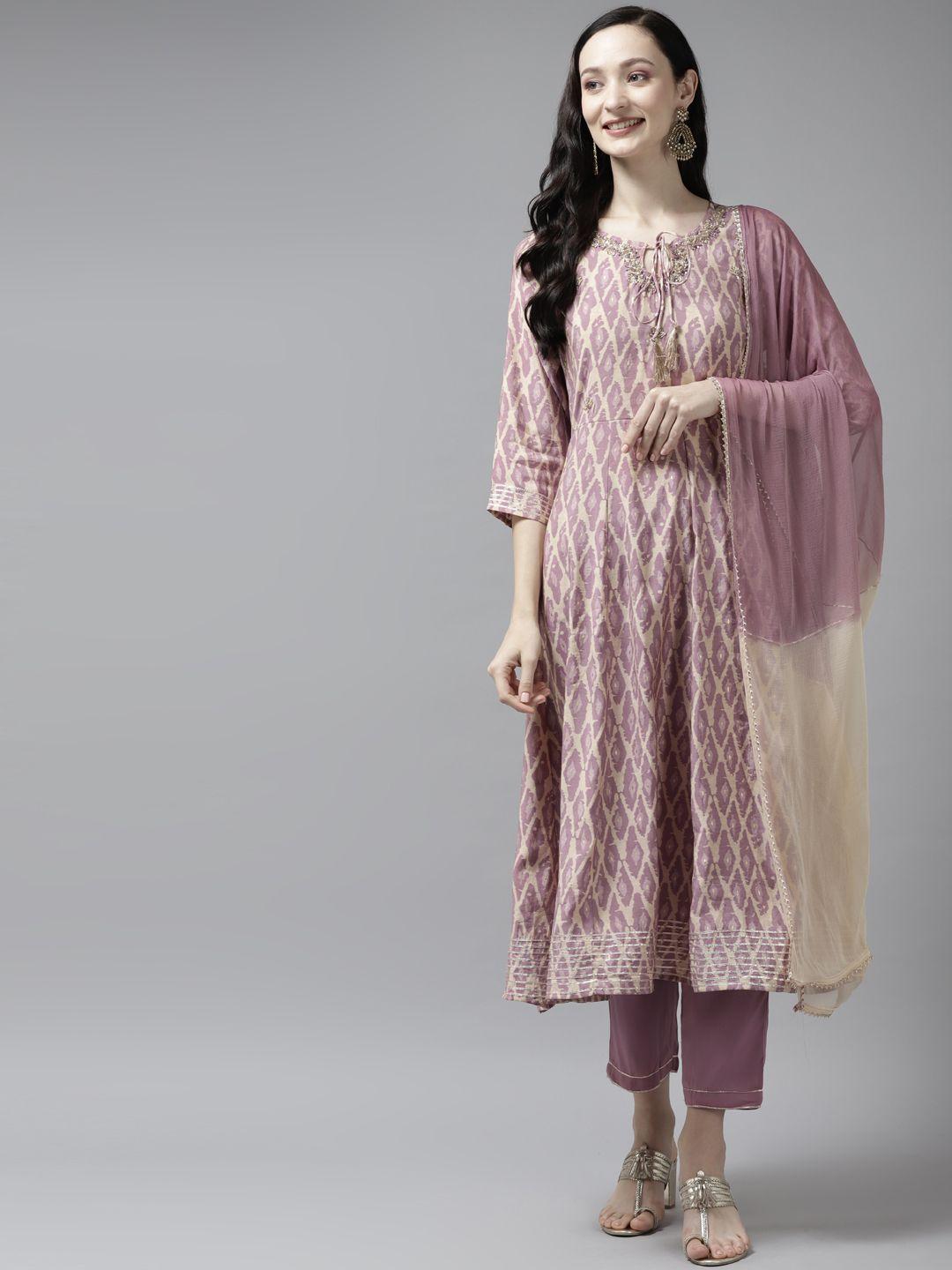 yufta women purple printed beads & stones kurta with trousers & with dupatta