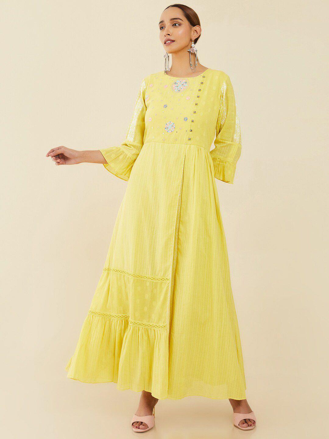 soch yellow ethnic motifs embroidered ethnic maxi dress