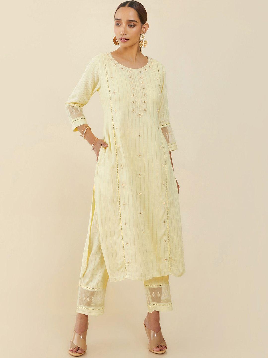 soch women yellow striped straight fit kurta with trousers