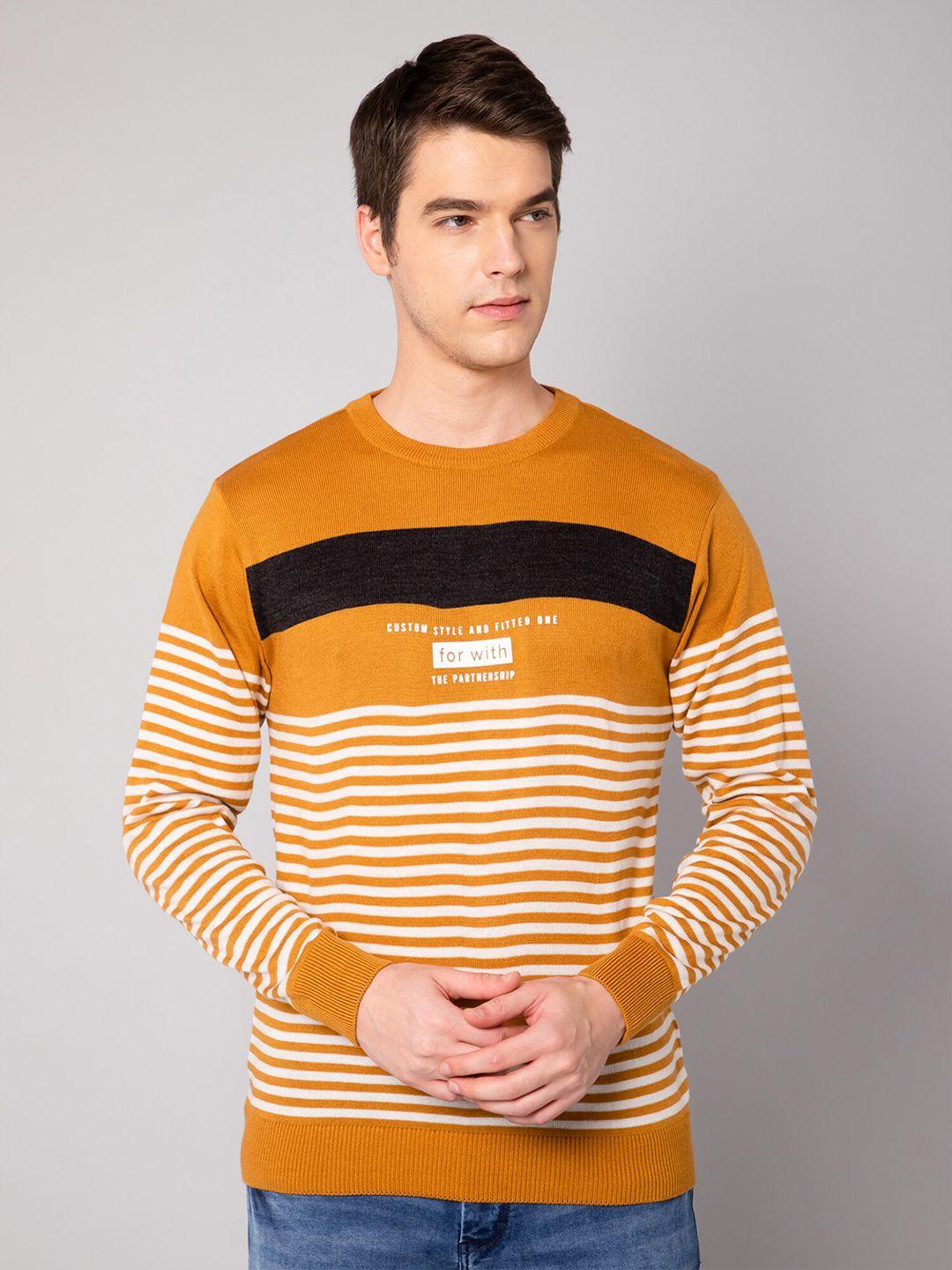 cantabil men mustard & white striped striped pullover