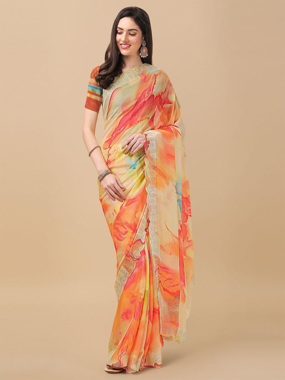 mitera yellow & pink tie and dye beads and stones saree