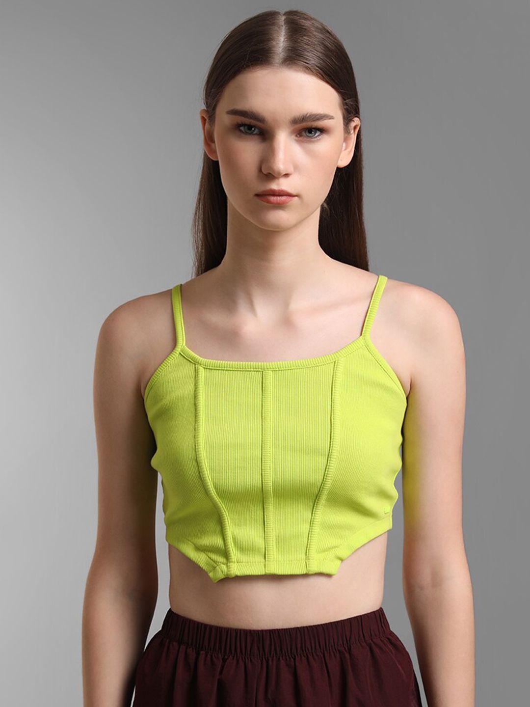 kazo women fluorescent green solid crop cotton fitted top