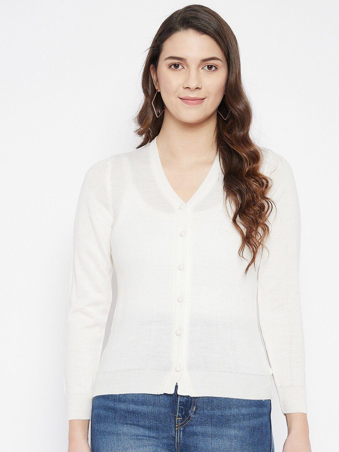 zigo women white solid woolen cardigan