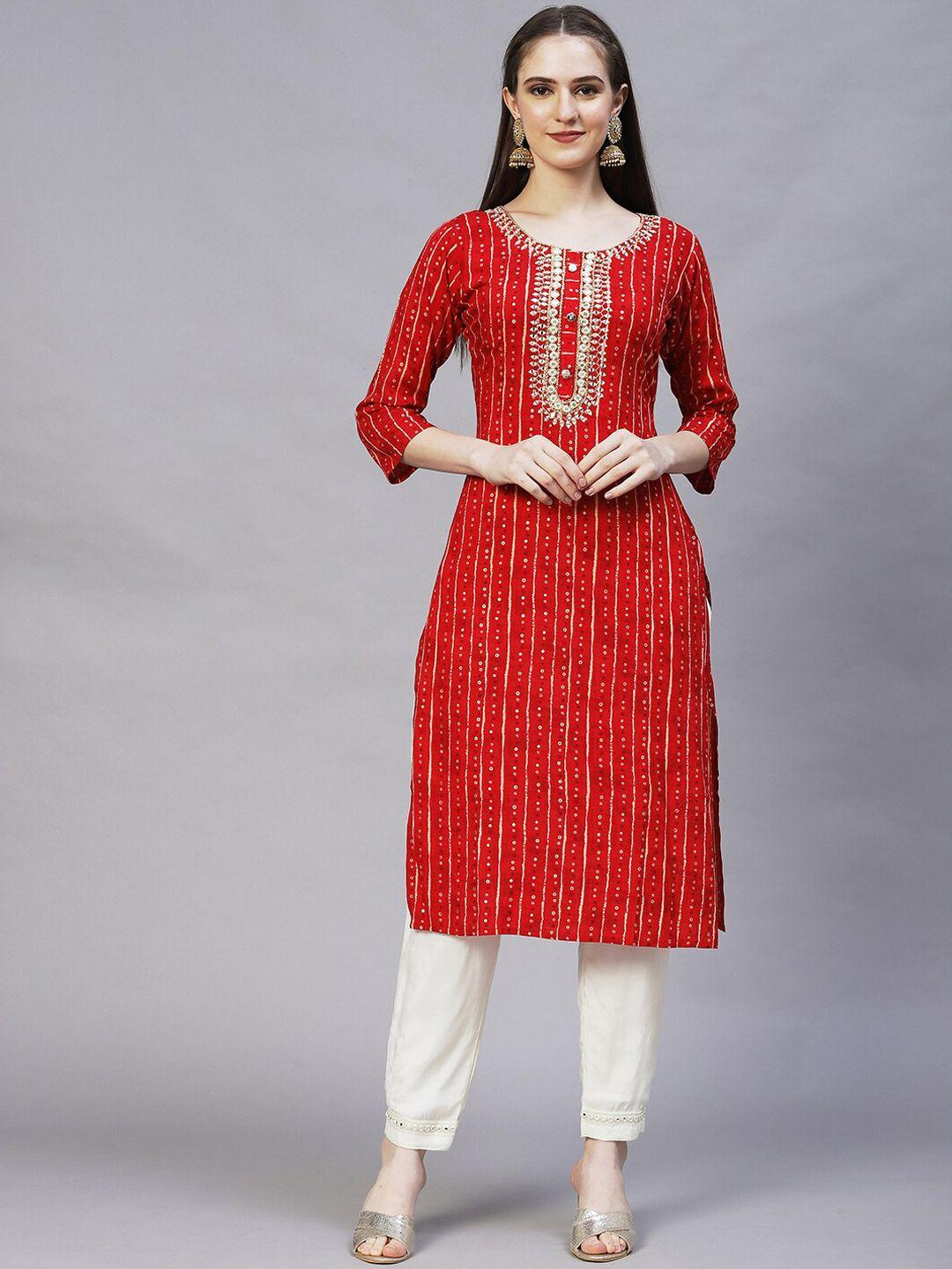 fashor women red geometric printed keyhole neck thread work kurta