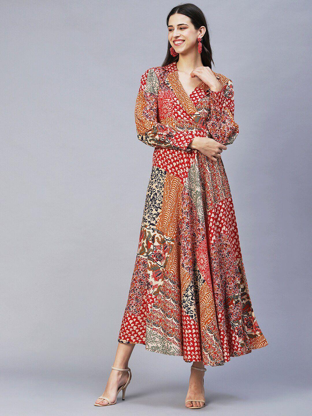 fashor women red & brown printed maxi wrap dress