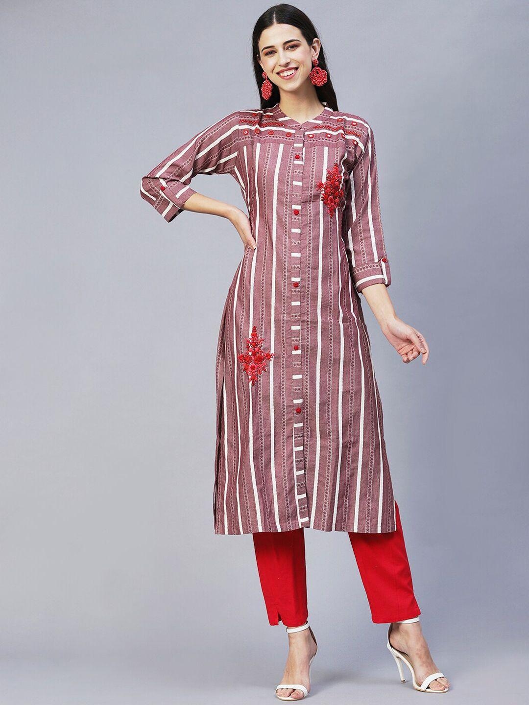 fashor women mauve printed thread work straight fit cotton kurta