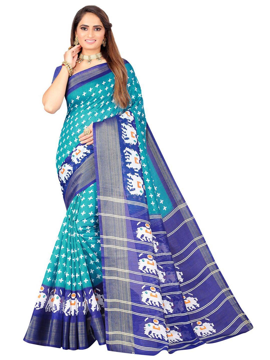 florence turquoise blue & navy blue ethnic motifs zari art silk ikat saree