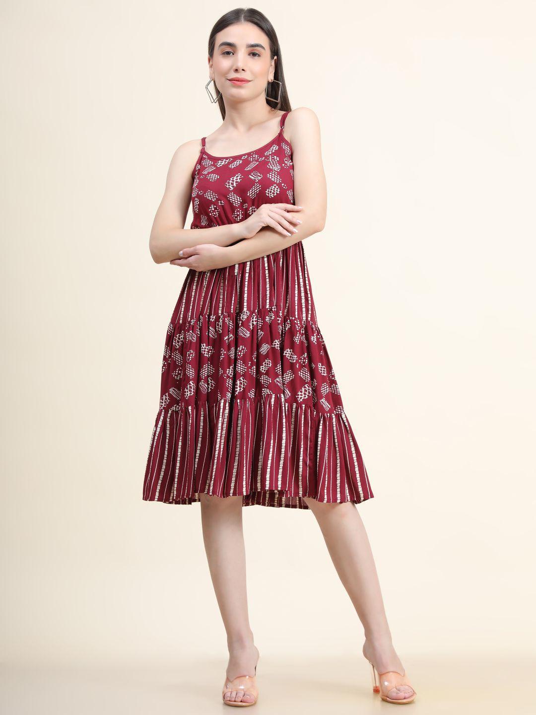 daevish women maroon printed shoulder straps layered fit and flare dress