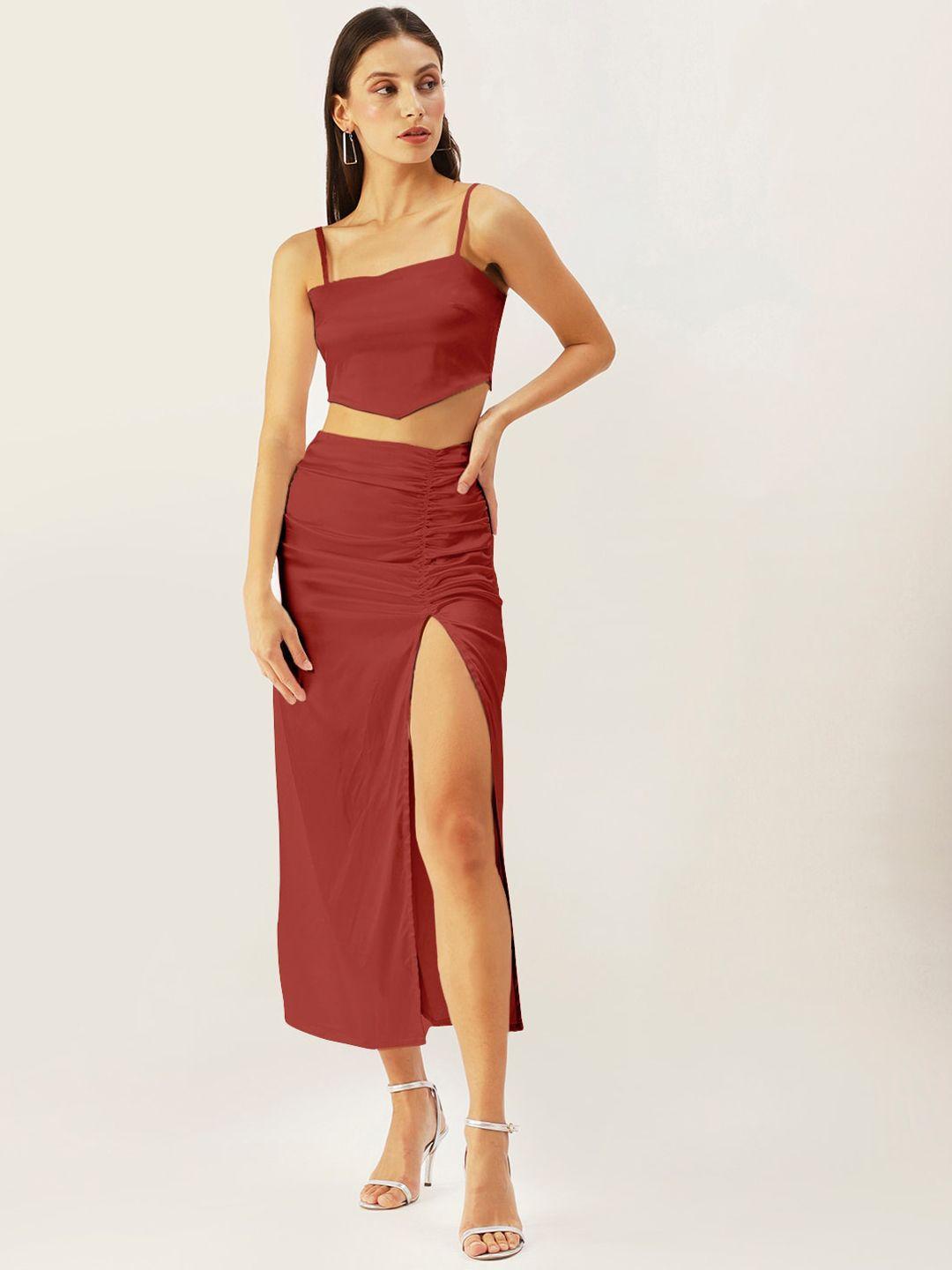 4wrd by dressberry women maroon solid crop top & skirt co-ord set