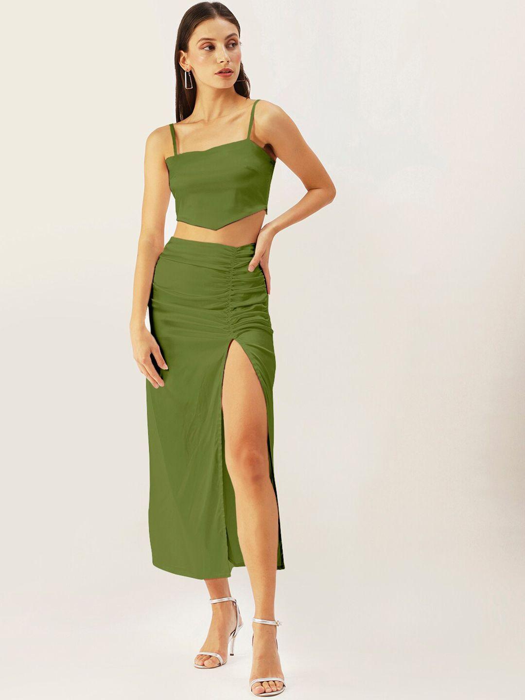 4wrd by dressberry women olive green solid crop top & skirt co-ord set