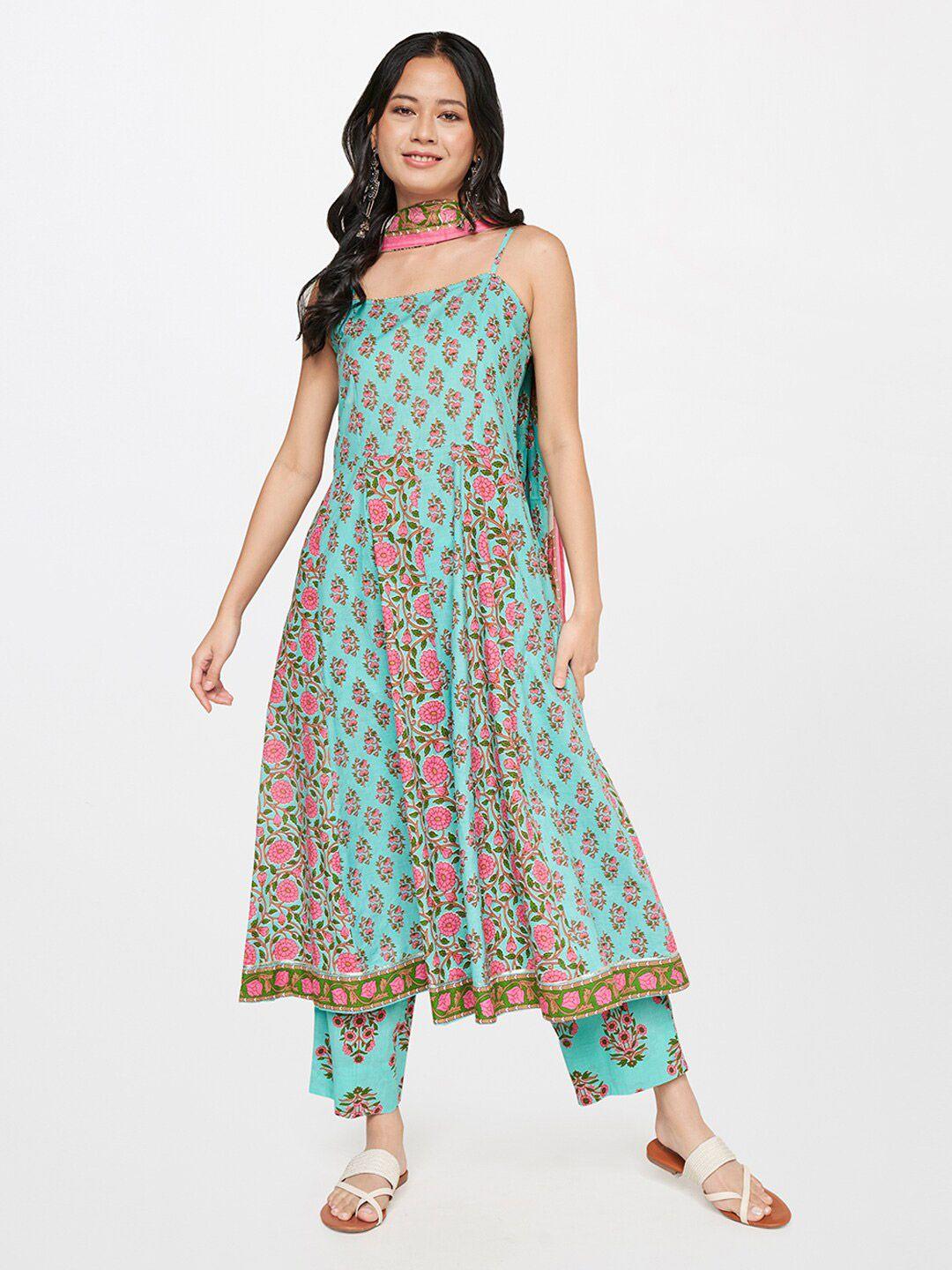 global desi women blue floral printed panelled pure cotton kurta with palazzos & with dupatta