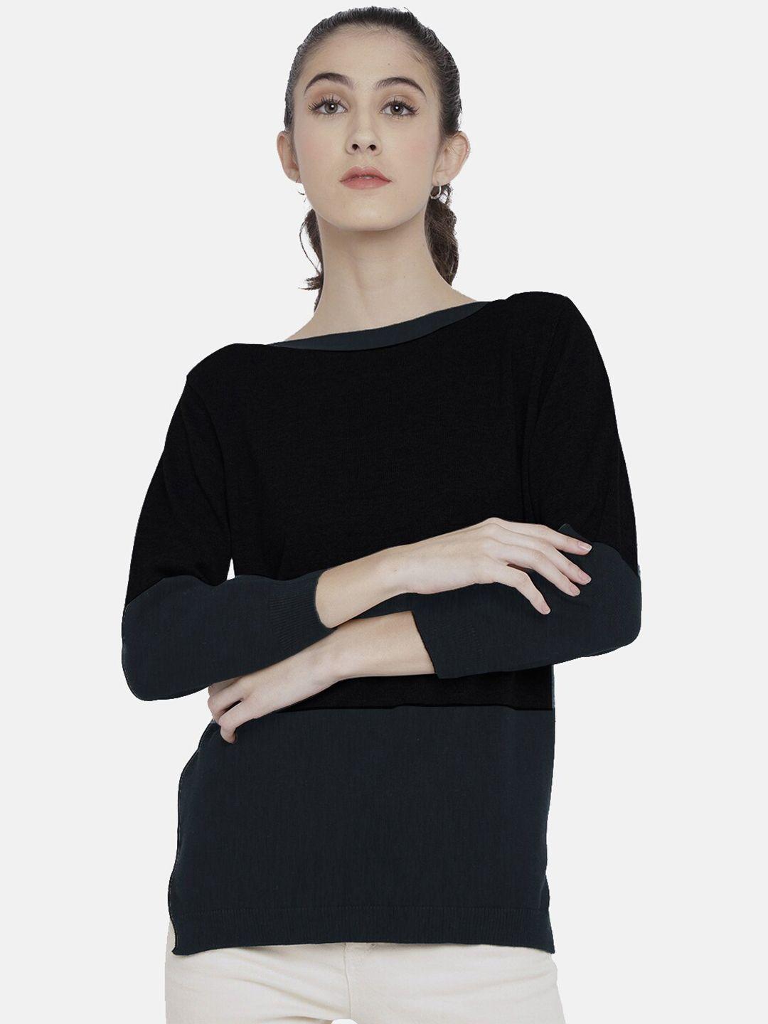 chkokko women black & green colourblocked longline pullover