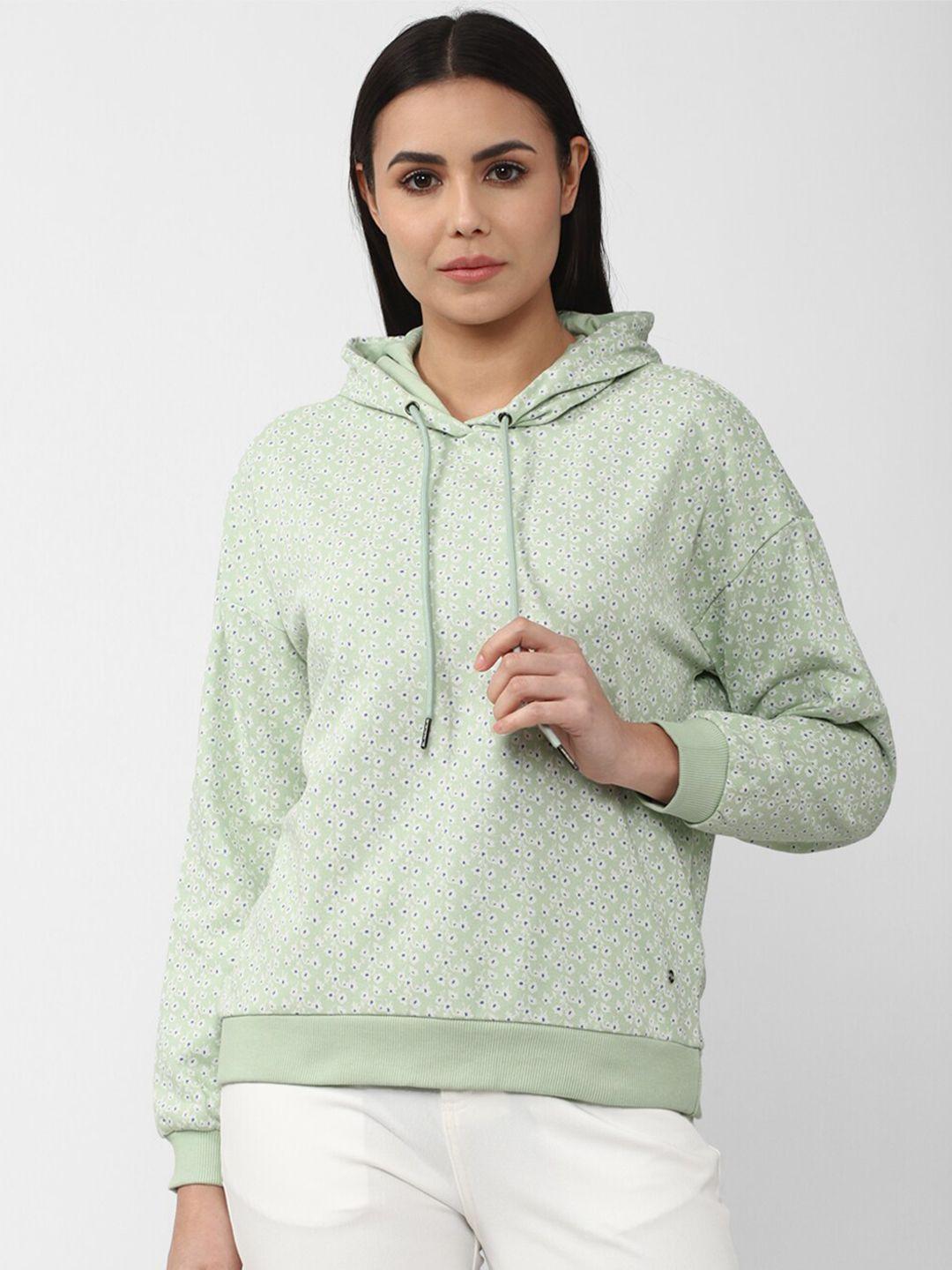 van heusen woman women sea green & white floral printed hooded sweatshirt