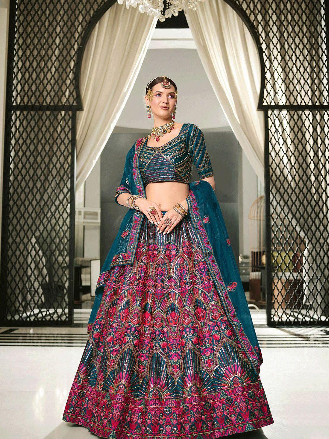 odette maroon & green printed semi-stitched lehenga & unstitched blouse with dupatta