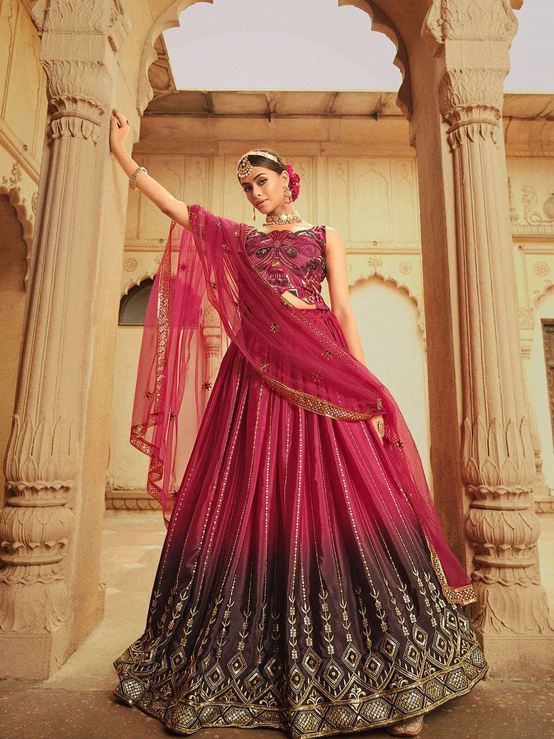 odette magenta & purple embroidered thread work semi-stitched lehenga & unstitched blouse with dupatta