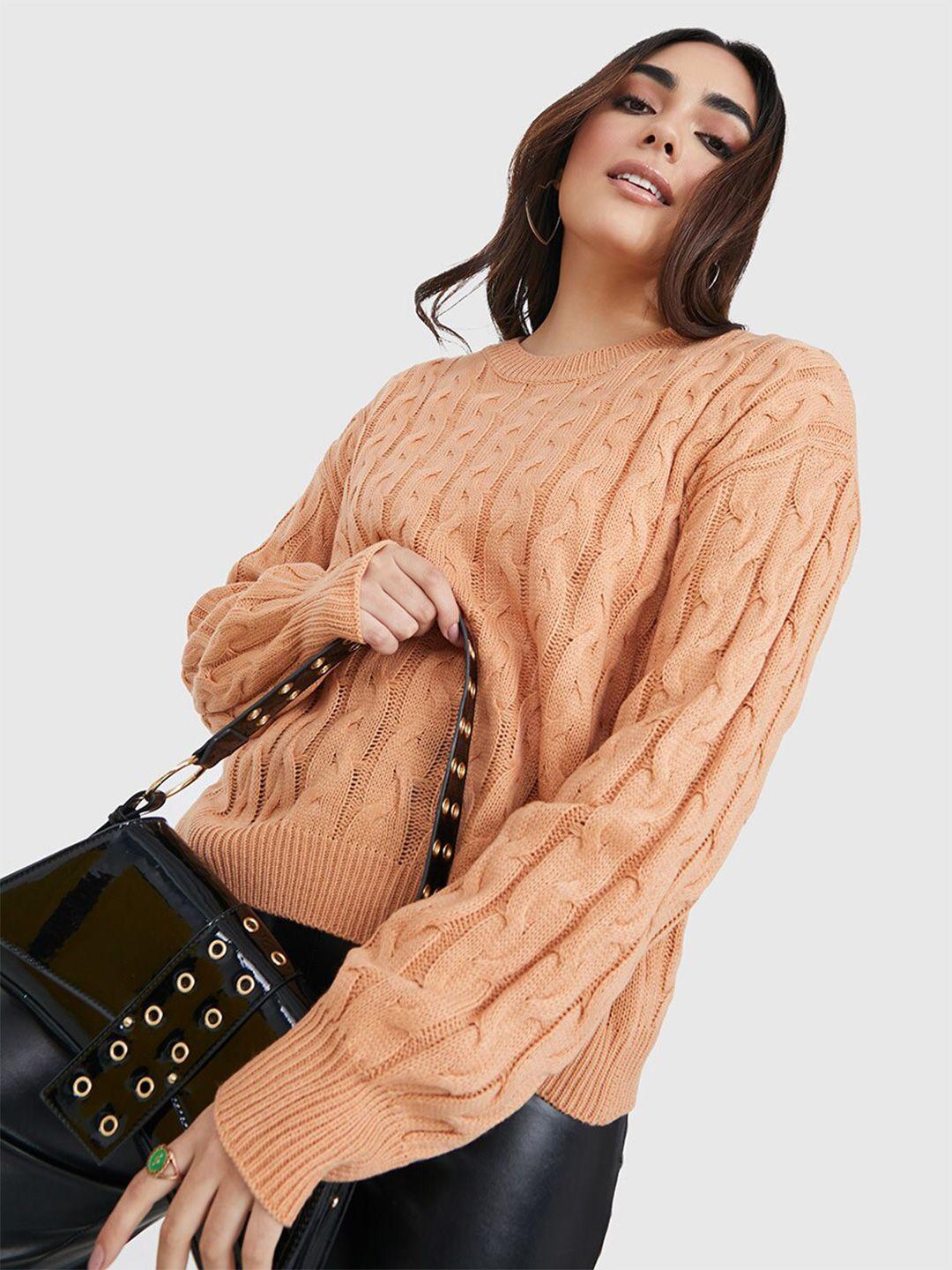 styli women brown long volume sleeves cable knit regular fit sweater