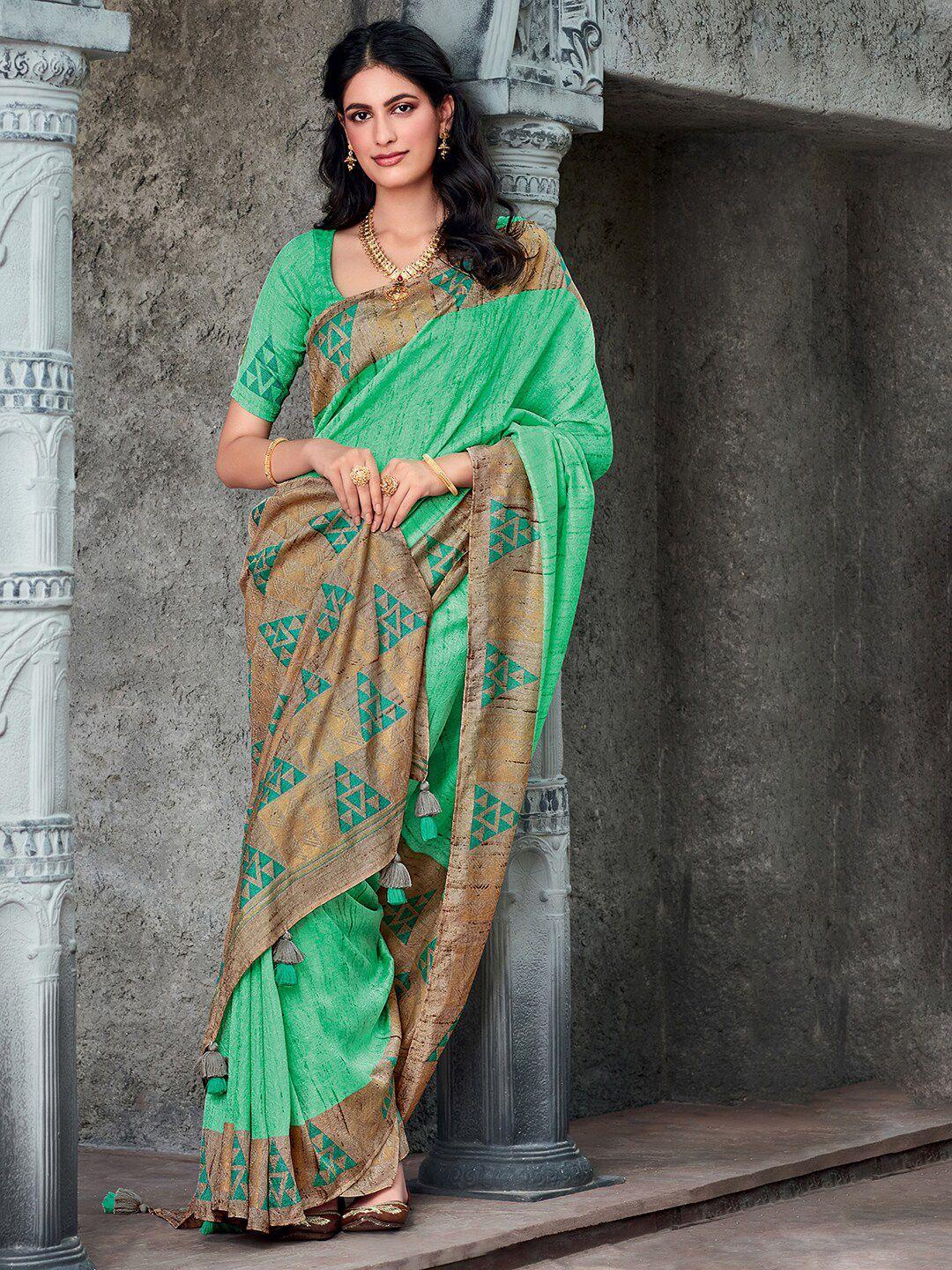 mitera sea green & brown silk blend bagh saree