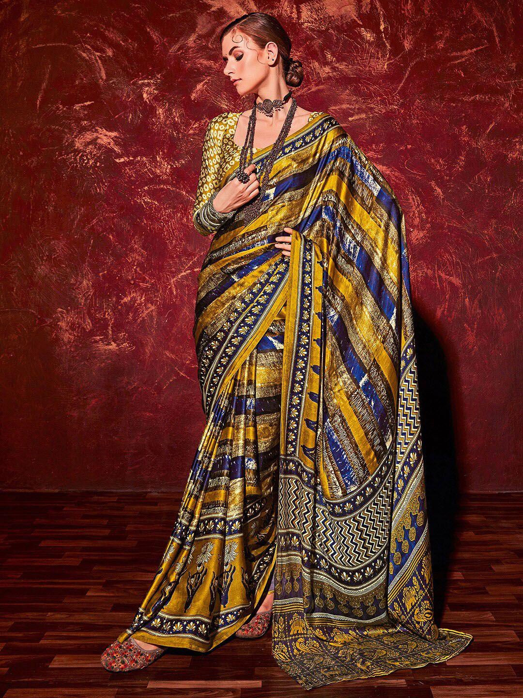 mitera mustard & blue striped satin block print saree