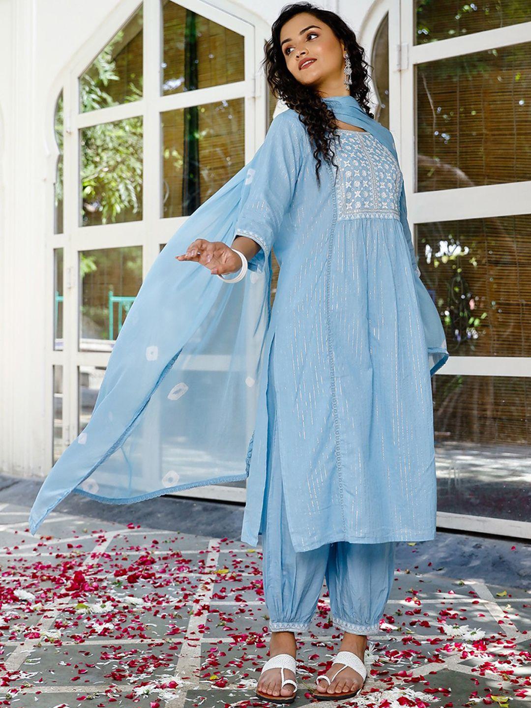 pheeta women blue embroidered thread work pure cotton kurta with patiala & with dupatta