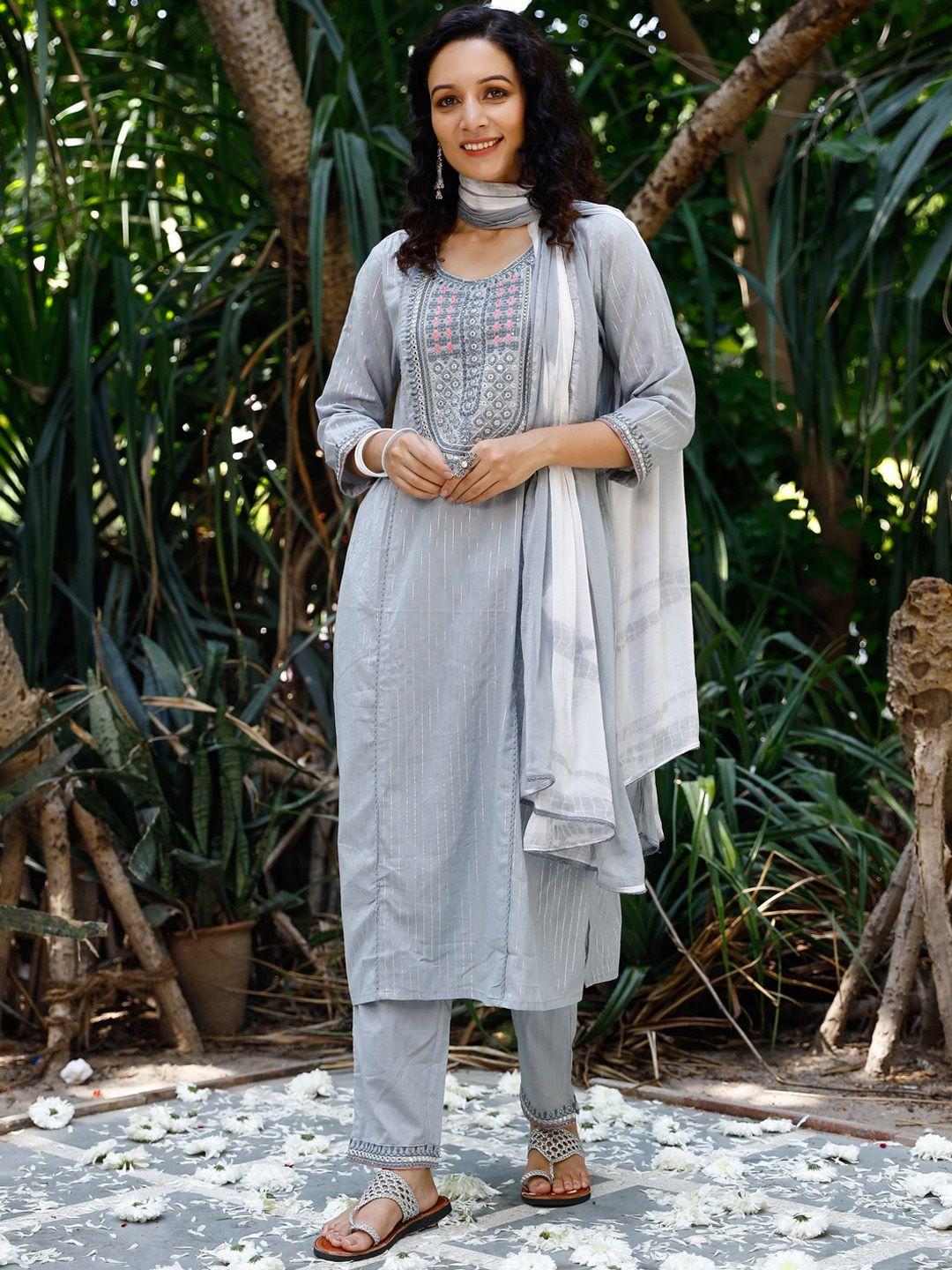 pheeta women grey embroidered pure cotton kurta with trousers & with dupatta