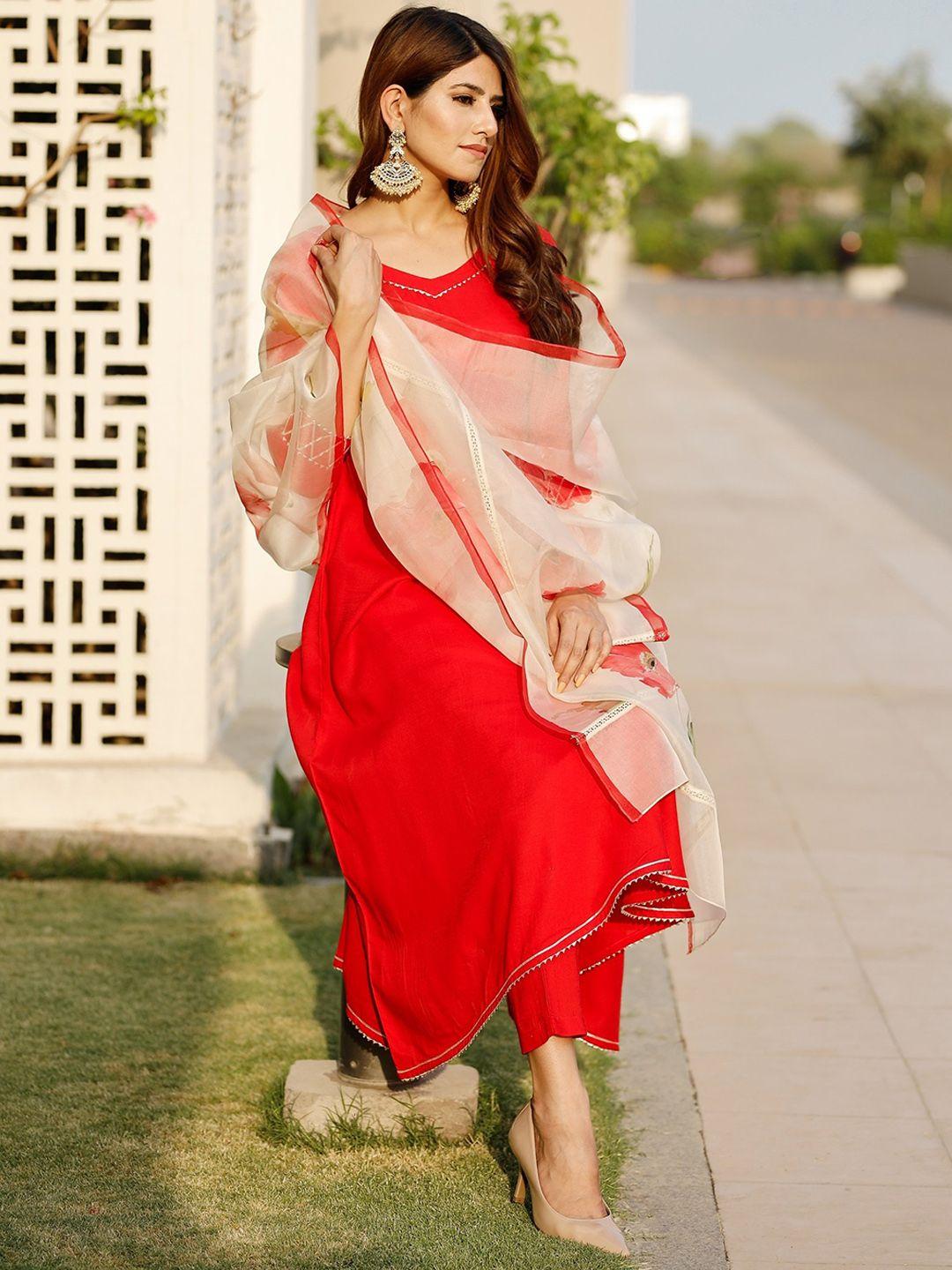 pheeta women red gotta patti kurta with trousers & with dupatta